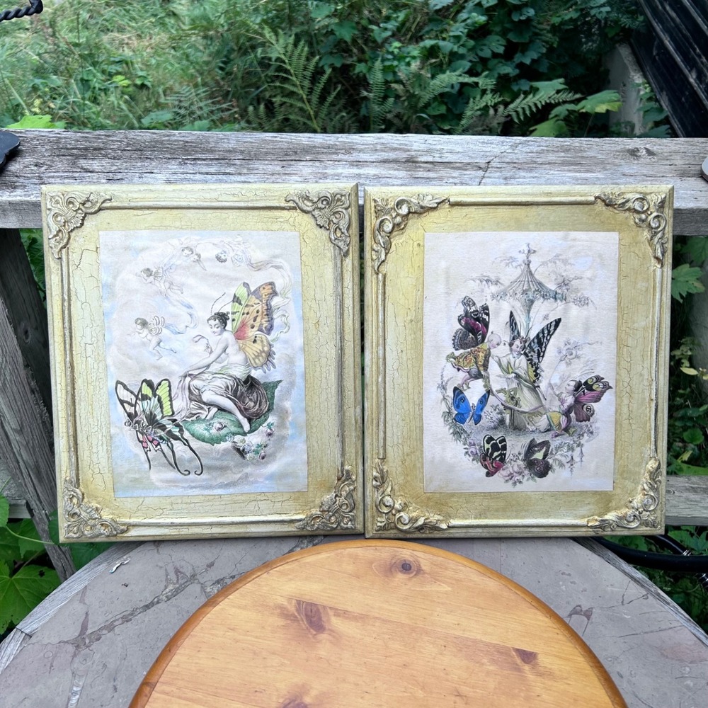 Vintage Amedee Varin Les Papillons 1852 Fairy Art Gilt Frame Pair MCM Rare 1970s